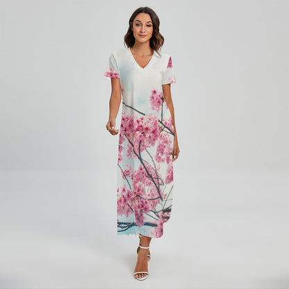 Pink Cherry Blossom Print Short Sleeve Maxi Dress