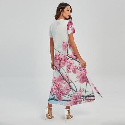 Pink Cherry Blossom Print Short Sleeve Maxi Dress