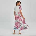 Pink Cherry Blossom Print Short Sleeve Maxi Dress