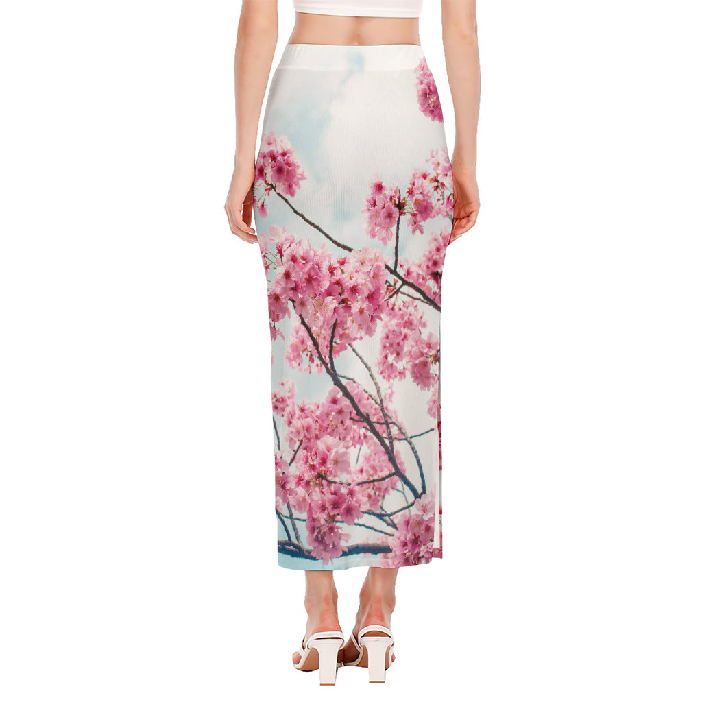 Pink Cherry Blossom Print Side Slit Maxi Skirt