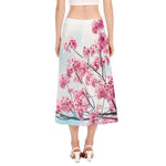 Pink Cherry Blossom Print Side Slit Midi Skirt