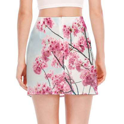 Pink Cherry Blossom Print Side Slit Mini Skirt