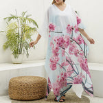 Pink Cherry Blossom Print Silk V-Neck Kaftan Dress