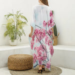 Pink Cherry Blossom Print Silk V-Neck Kaftan Dress