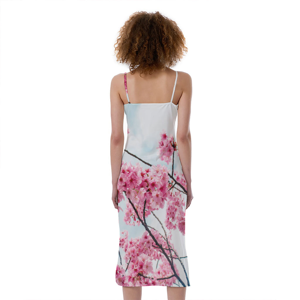 Pink Cherry Blossom Print Slim Fit Midi Cami Dress