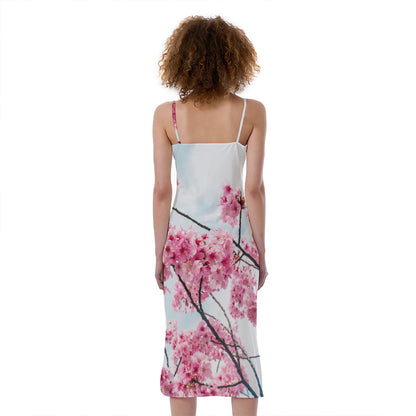 Pink Cherry Blossom Print Slim Fit Midi Cami Dress