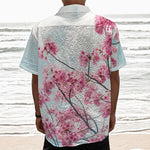 Pink Cherry Blossom Print Textured Short Sleeve Shirt