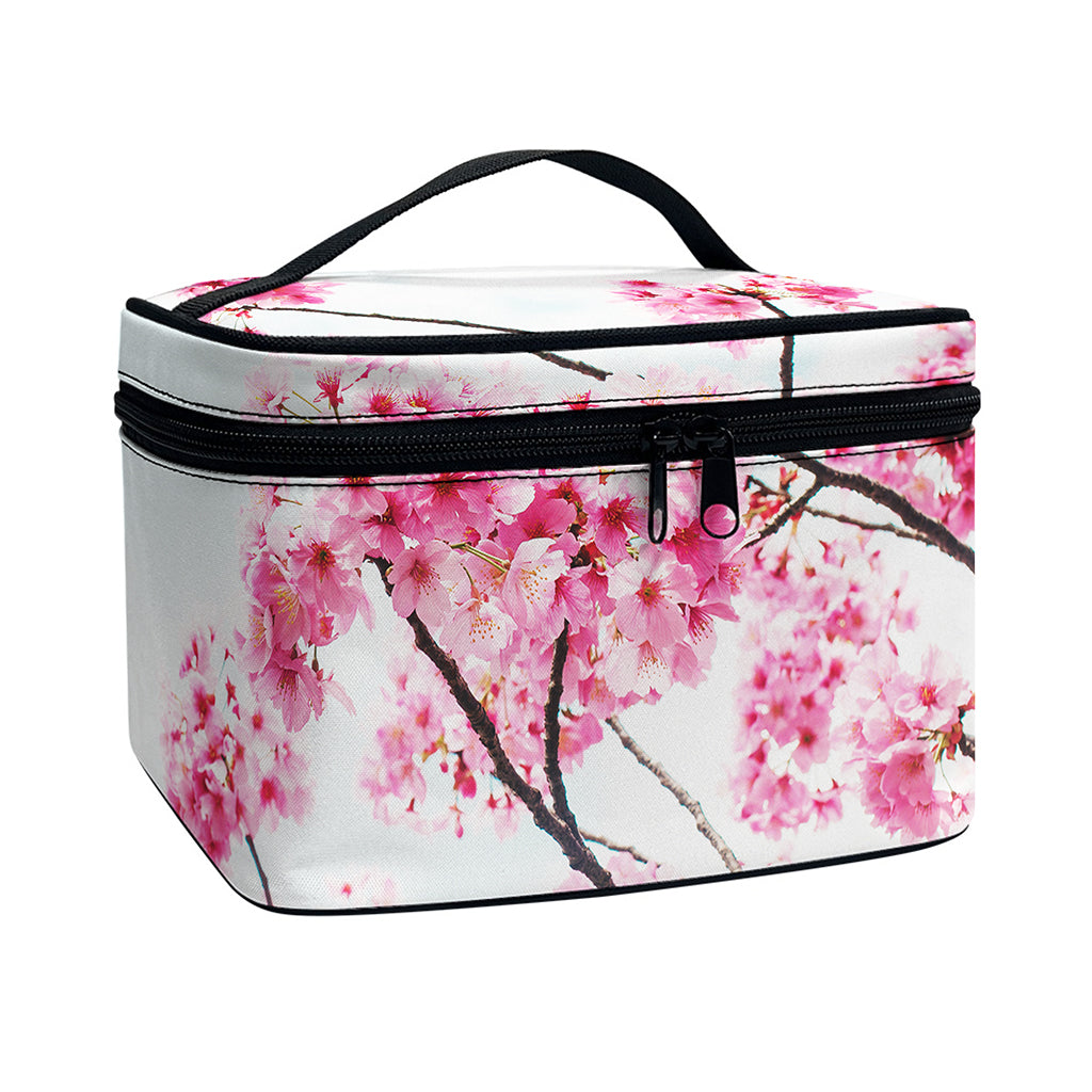Pink Cherry Blossom Print Travel Makeup Bag