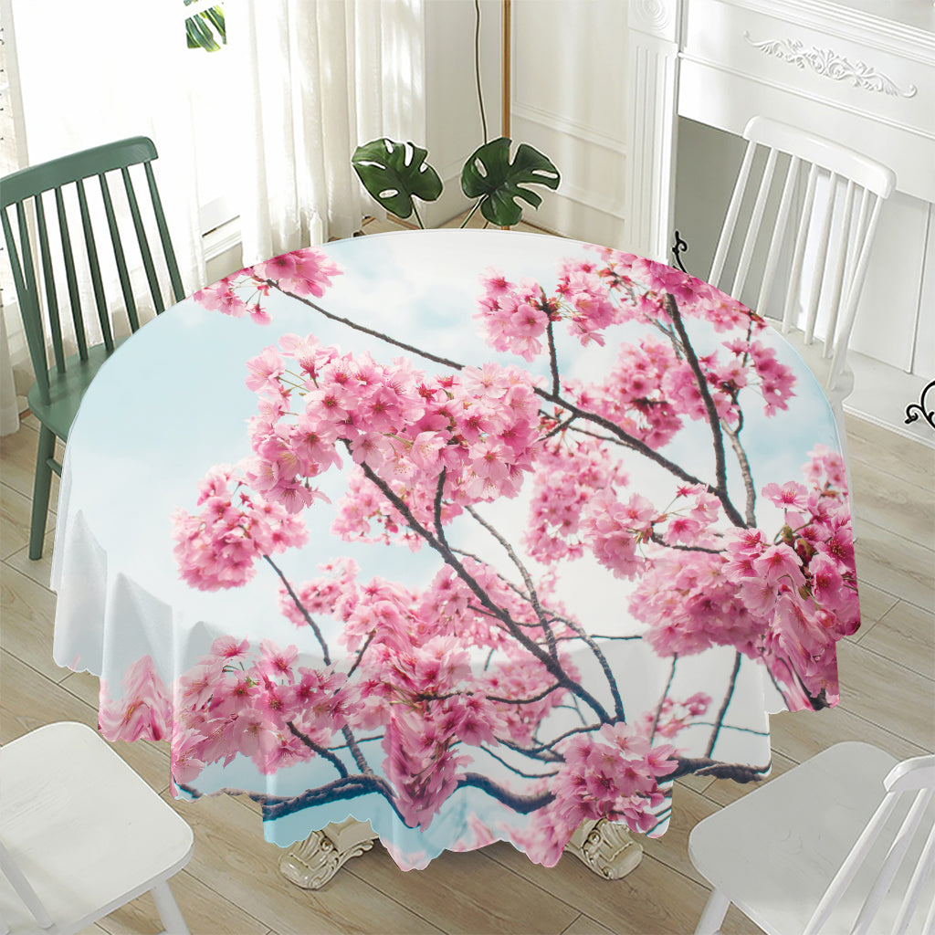 Pink Cherry Blossom Print Waterproof Round Tablecloth