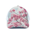 Pink Cherry Blossom Print White Mesh Trucker Hat
