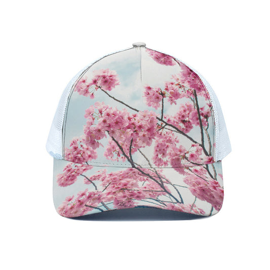 Pink Cherry Blossom Print White Mesh Trucker Cap