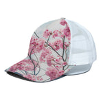 Pink Cherry Blossom Print White Mesh Trucker Cap