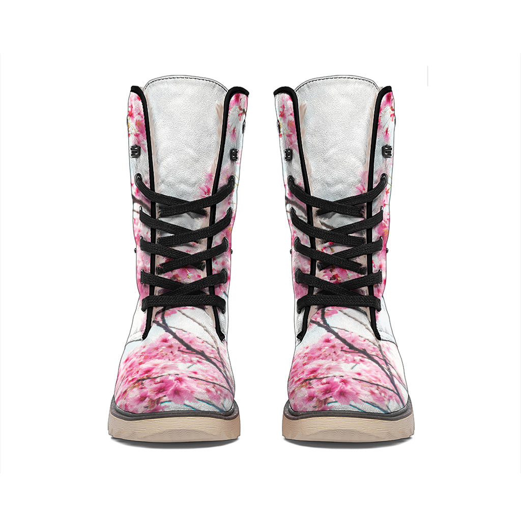 Pink Cherry Blossom Print Winter Boots