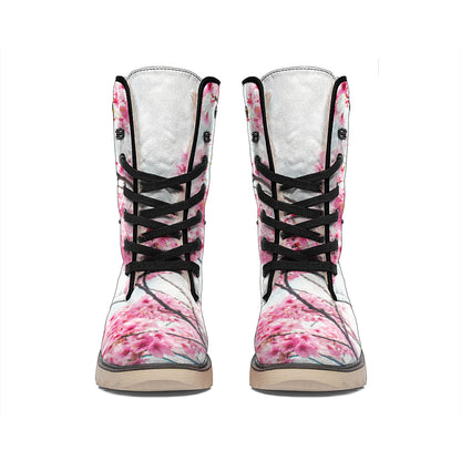 Pink Cherry Blossom Print Winter Boots