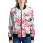 Pink Cherry Blossom Print Women's Bomber Jacket