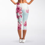 Pink Cherry Blossom Print Women's Capri Leggings