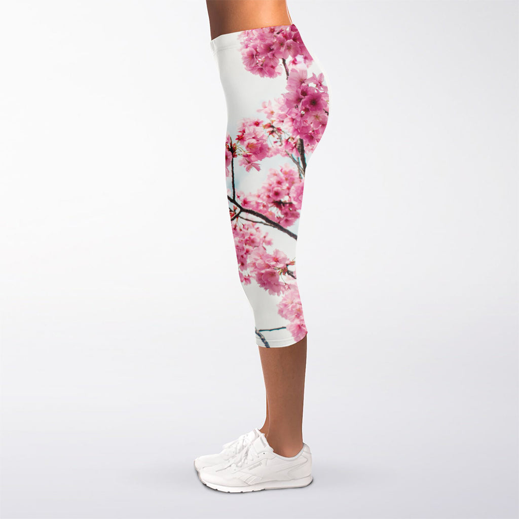 Pink Cherry Blossom Print Women's Capri Leggings