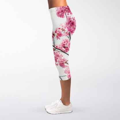 Pink Cherry Blossom Print Women's Capri Leggings