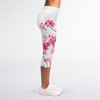 Pink Cherry Blossom Print Women's Capri Leggings