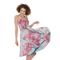 Pink Cherry Blossom Print Sleeveless Knee Length Dress