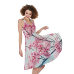 Pink Cherry Blossom Print Women's Sleeveless Dress