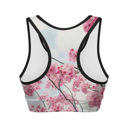 Pink Cherry Blossom Print Women's Sports Bra