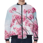 Pink Cherry Blossom Print Zip Sleeve Bomber Jacket