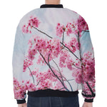 Pink Cherry Blossom Print Zip Sleeve Bomber Jacket