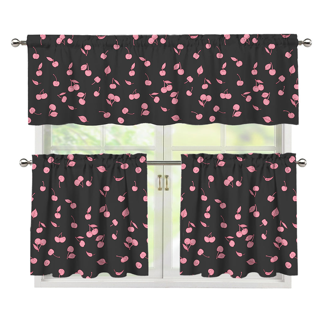 Pink Cherry Pattern Print 3 Piece Kitchen Curtains