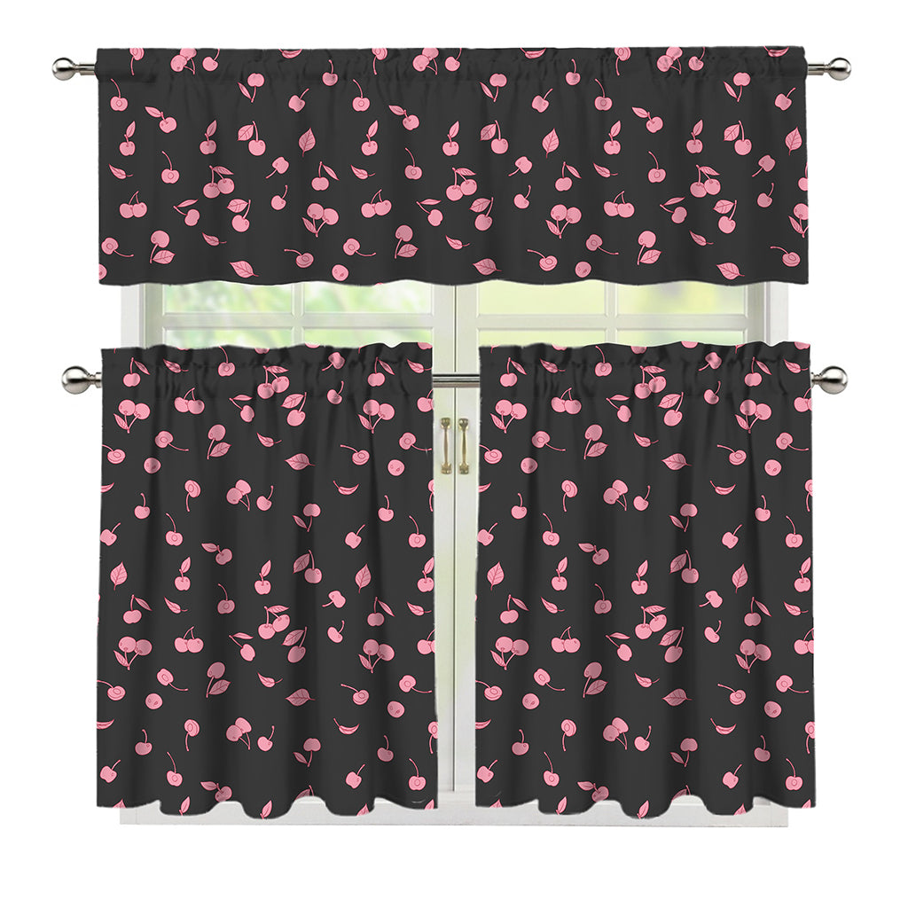 Pink Cherry Pattern Print 3 Piece Kitchen Curtains