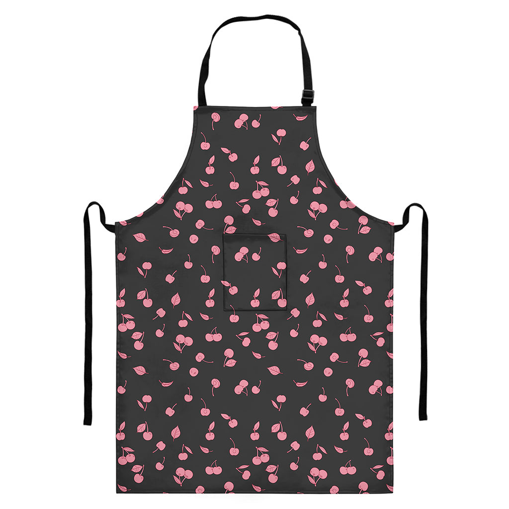 Pink Cherry Pattern Print Bib Apron With Pocket