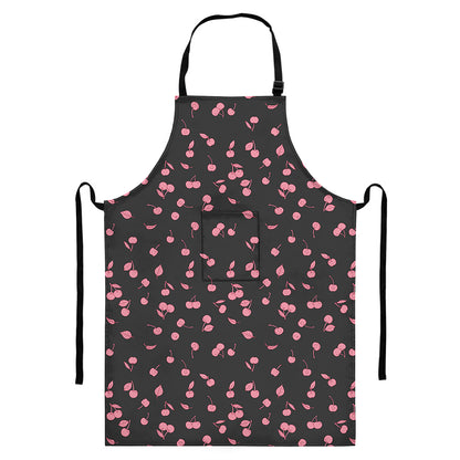 Pink Cherry Pattern Print Bib Apron With Pocket