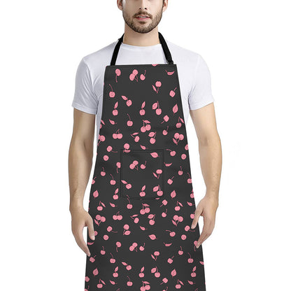 Pink Cherry Pattern Print Bib Apron With Pocket