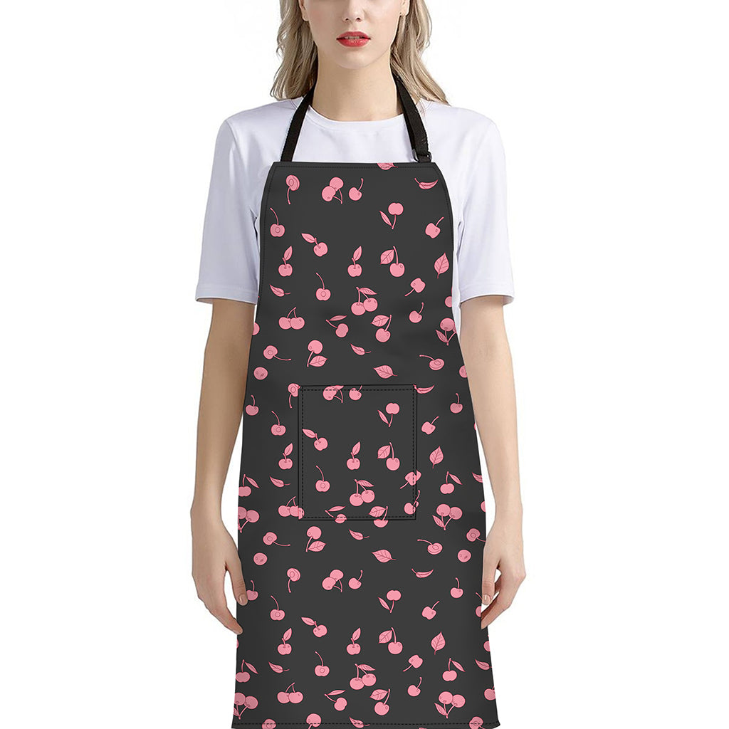 Pink Cherry Pattern Print Bib Apron With Pocket