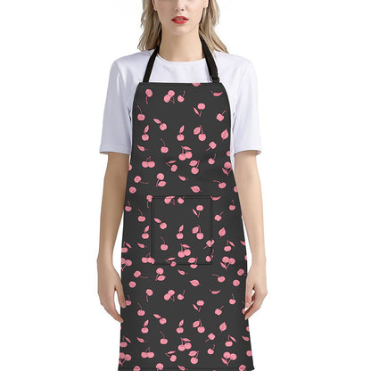 Pink Cherry Pattern Print Bib Apron With Pocket
