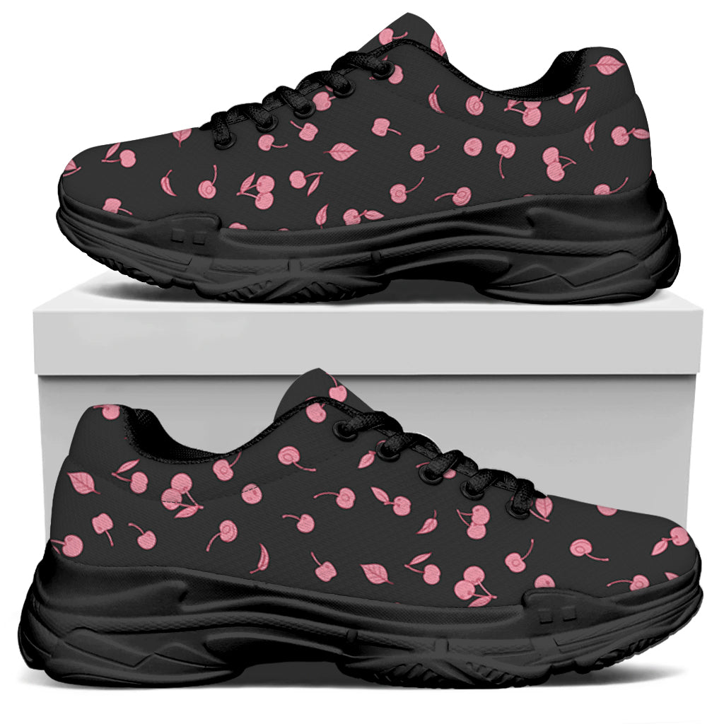 Pink Cherry Pattern Print Black Chunky Shoes
