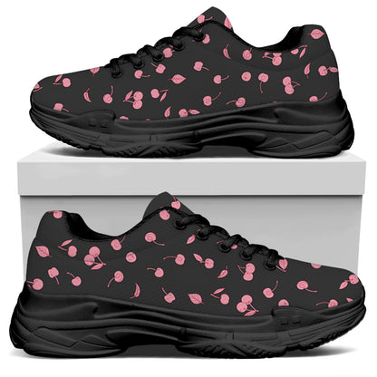 Pink Cherry Pattern Print Black Chunky Shoes