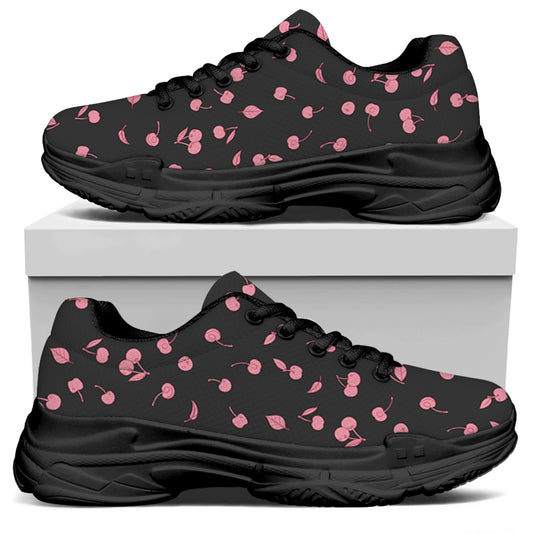 Pink Cherry Pattern Print Black Chunky Shoes