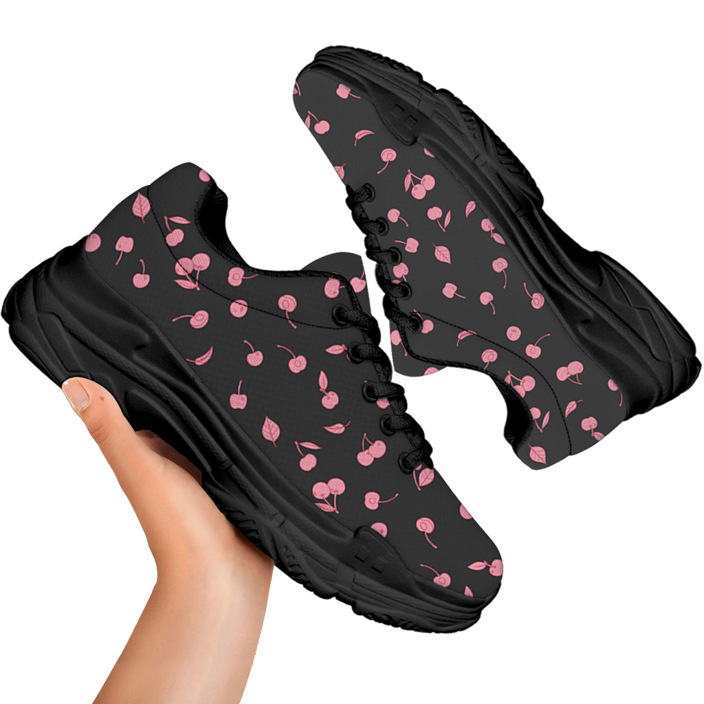 Pink Cherry Pattern Print Black Chunky Shoes