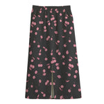 Pink Cherry Pattern Print Cotton Front Slit Maxi Skirt