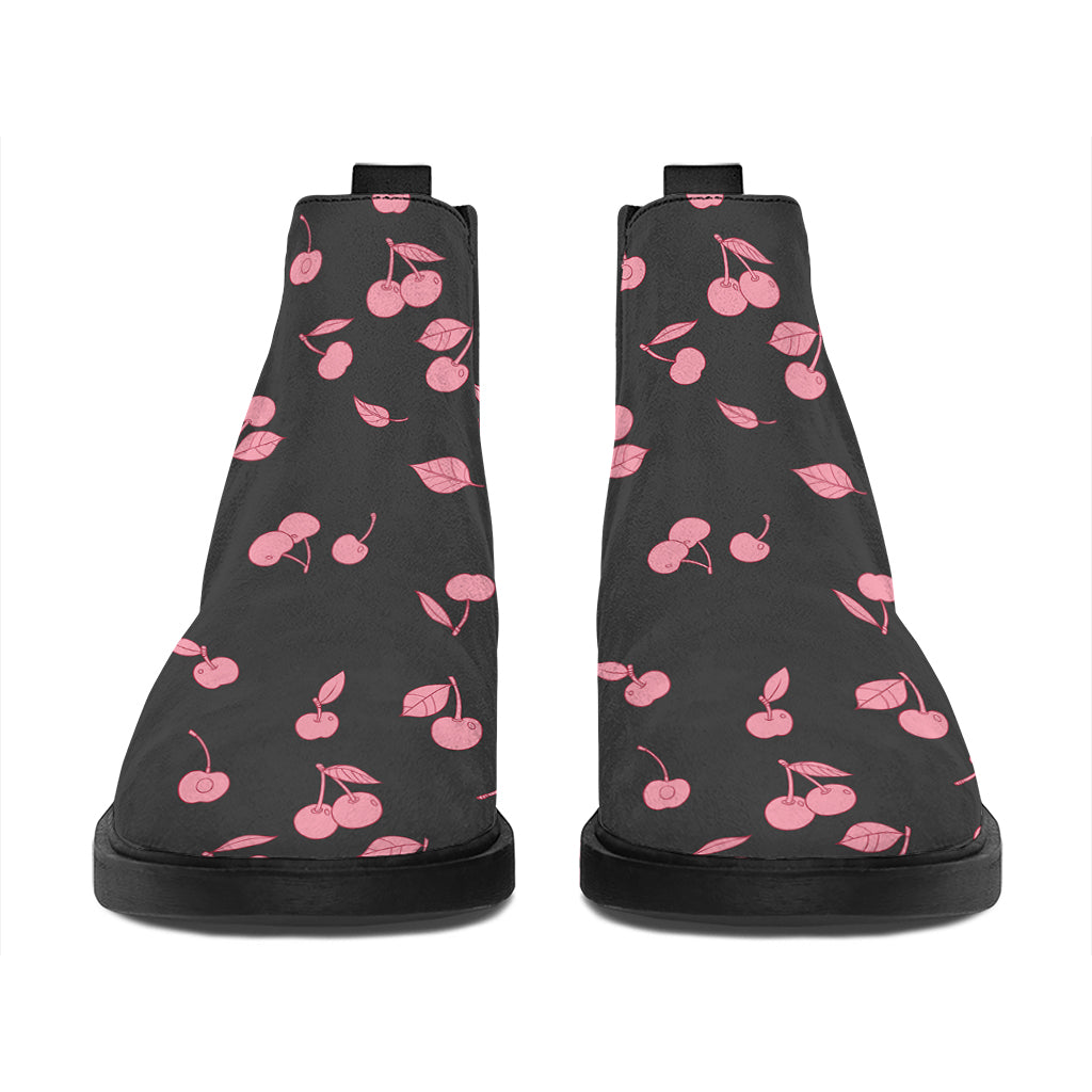 Pink Cherry Pattern Print Flat Ankle Boots
