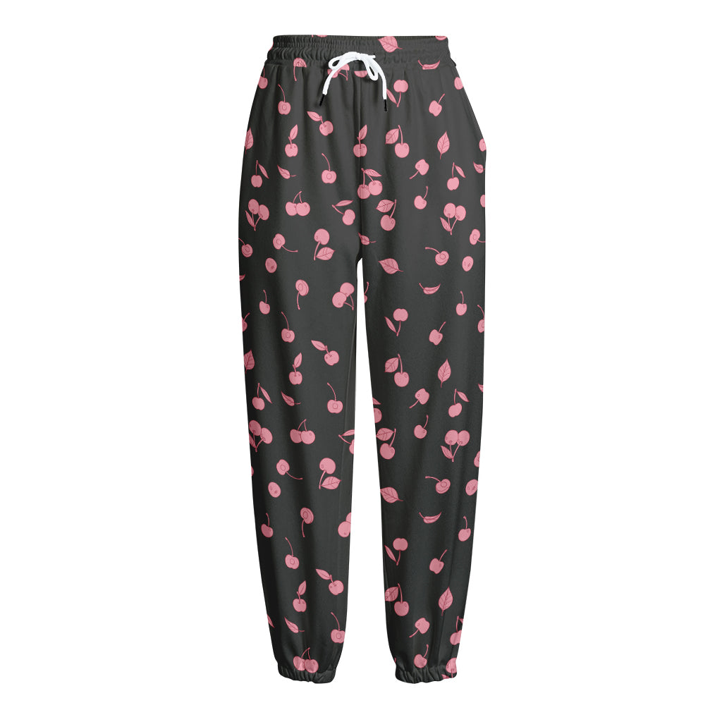 Pink Cherry Pattern Print Fleece Lined Knit Pants