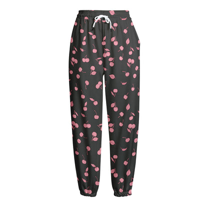 Pink Cherry Pattern Print Fleece Lined Knit Pants