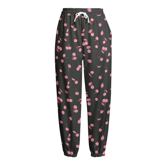 Pink Cherry Pattern Print Fleece Lined Knit Pants