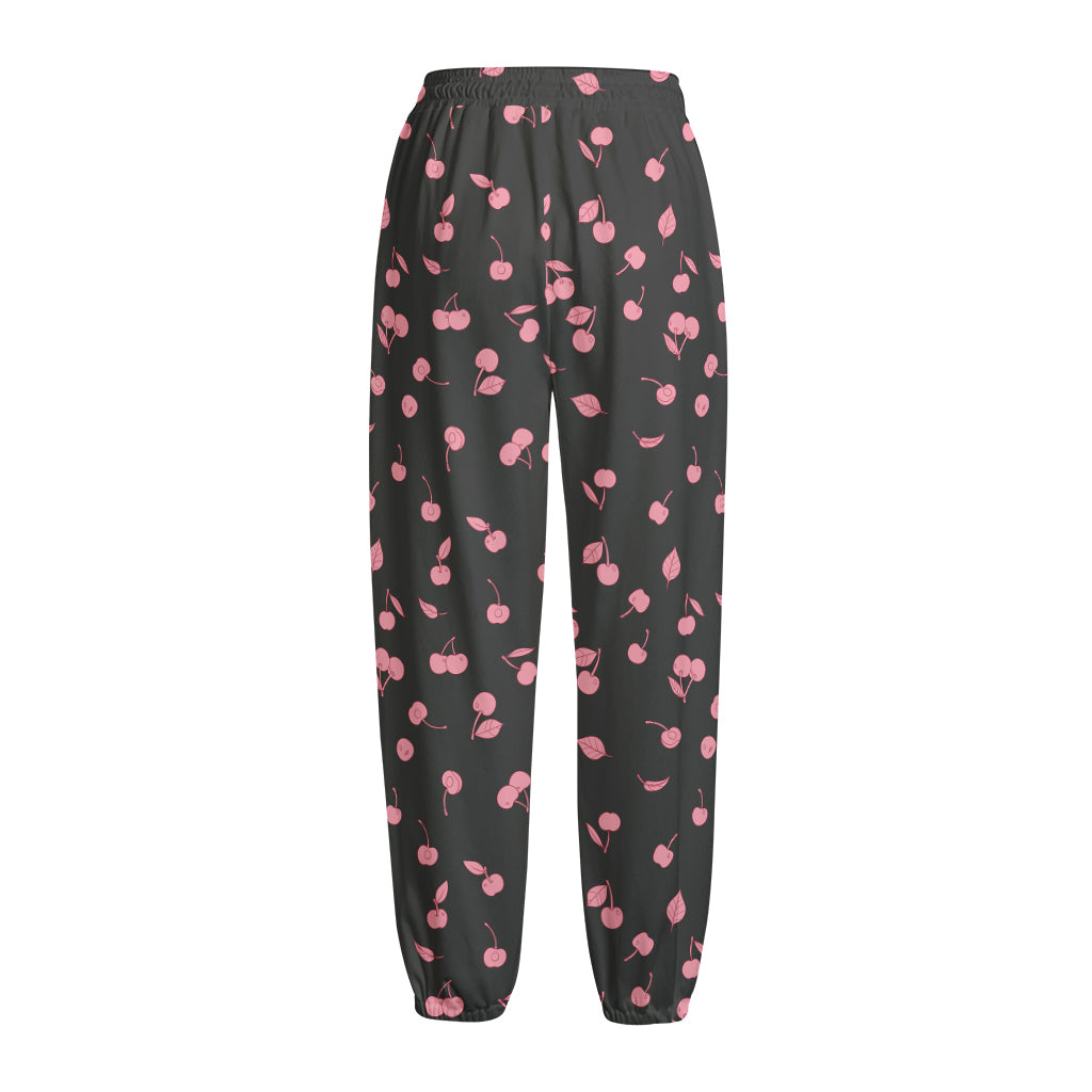 Pink Cherry Pattern Print Fleece Lined Knit Pants