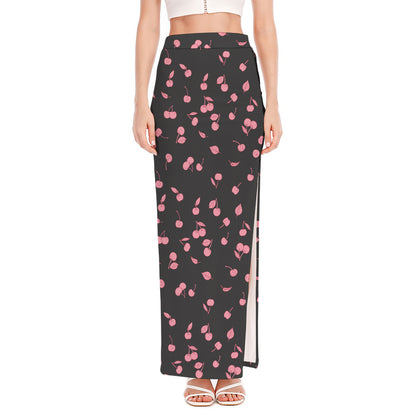 Pink Cherry Pattern Print High Slit Maxi Skirt