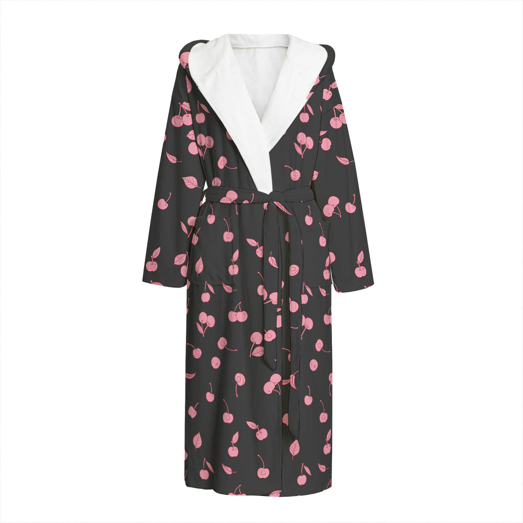 Pink Cherry Pattern Print Hooded Bathrobe