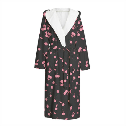 Pink Cherry Pattern Print Hooded Bathrobe