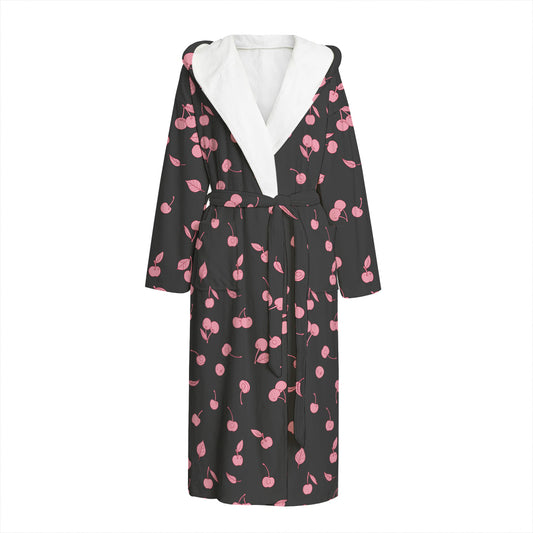 Pink Cherry Pattern Print Hooded Bathrobe