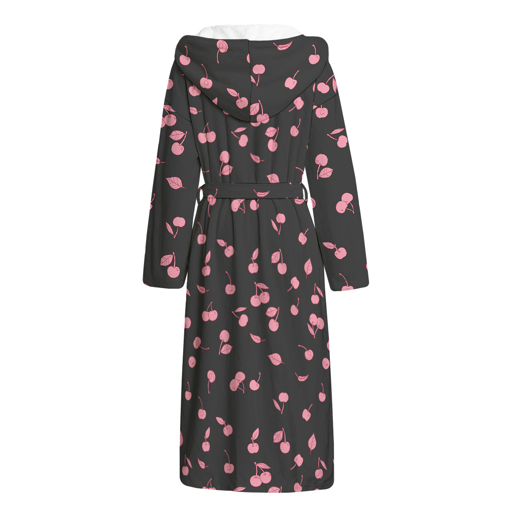 Pink Cherry Pattern Print Hooded Bathrobe